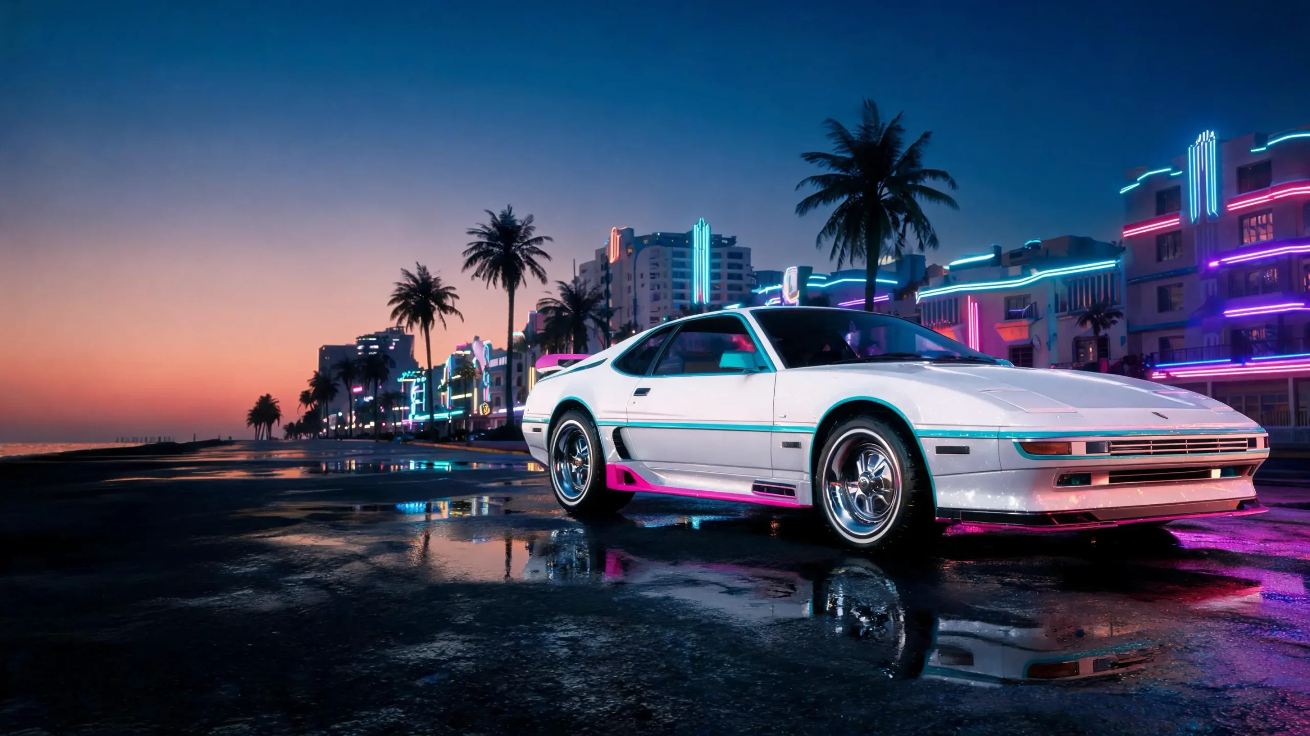 Coche Retro NeoN Con EsteTica Miami Nocturna Para Hero Web scaled